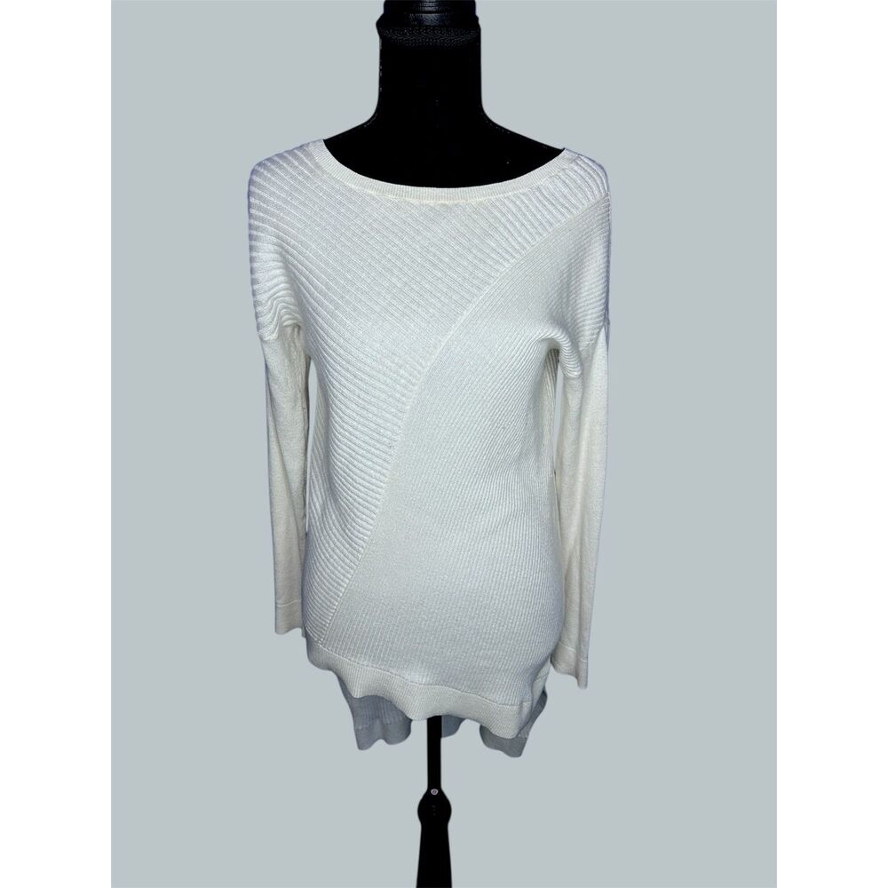 Express Womens Sz S‎ Cream High Low Hem Ribbed Tunic Sweater Asymmetrical Flowy